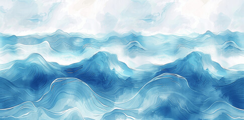 Obraz premium Abstract Watercolor Ocean Waves in Pastel Blue Tones for Textile Print, Wallpaper, Poster Design