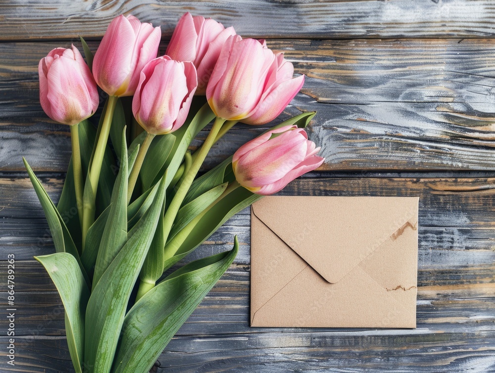 Poster a bouquet of pink tulips sits on a wooden table next to an envelope. the flowers are arranged in a w