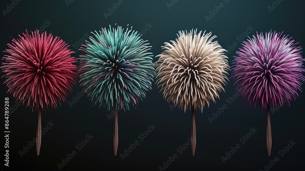 Poster four colorful fireworks are displayed in a row, each with a different color. the fireworks are arran