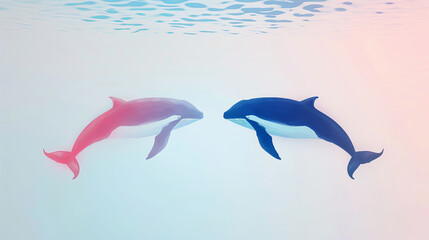 Fototapeta premium Two dolphins gracefully swimming towards each other in a tranquil underwater scene with a soothing pink and blue backdrop.
