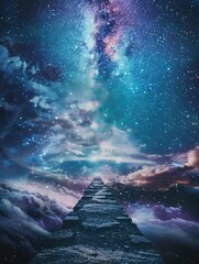 A sky full of stars with a long, winding path leading through it. The sky is a deep blue with a few clouds scattered throughout. The stars are twinkling brightly, creating a sense of wonder and awe