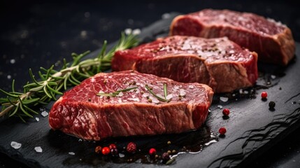 Fototapeta premium Three pieces of meat with rosemary and pepper on a black plate. The meat is fresh and looks delicious
