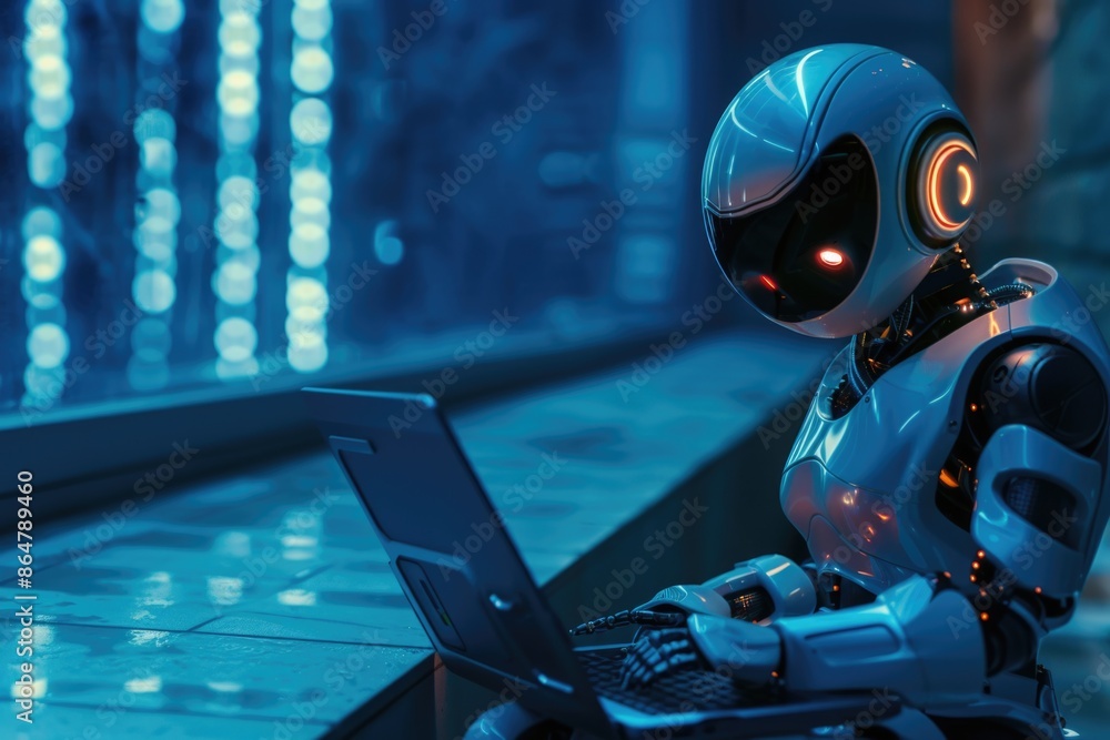 Poster a robot is sitting on a laptop computer. the robot is wearing a helmet and has a red face