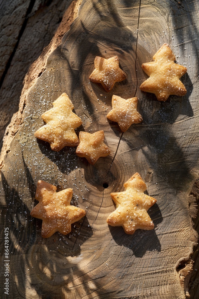 Poster a wooden log with a bunch of star-shaped cookies on it. the cookies are decorated with sugar and are
