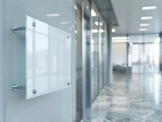 A white sign is hanging on a wall in a large, empty room. The sign is made of clear glass and has a simple design. The room is mostly empty, with only a few chairs and a couch visible