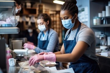 Obraz premium A woman wearing a blue apron and a pink glove is preparing food in a kitchen