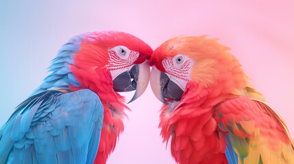 Obraz premium Two vibrant macaws facing each other with colorful feathers, creating a striking and beautiful image full of vivid details and natural beauty.