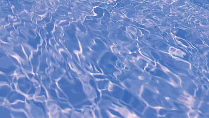 Blue water with ripples on the surface. Defocus blurred transparent blue colored clear calm water surface texture with splashes and bubbles. Water waves with shining pattern texture background.
