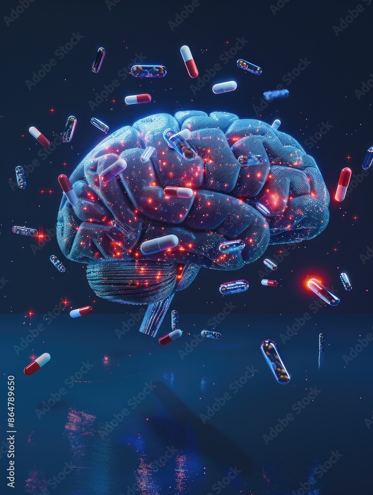 Poster a brain with pills scattered around it. the pills are in different colors and sizes. the brain is su