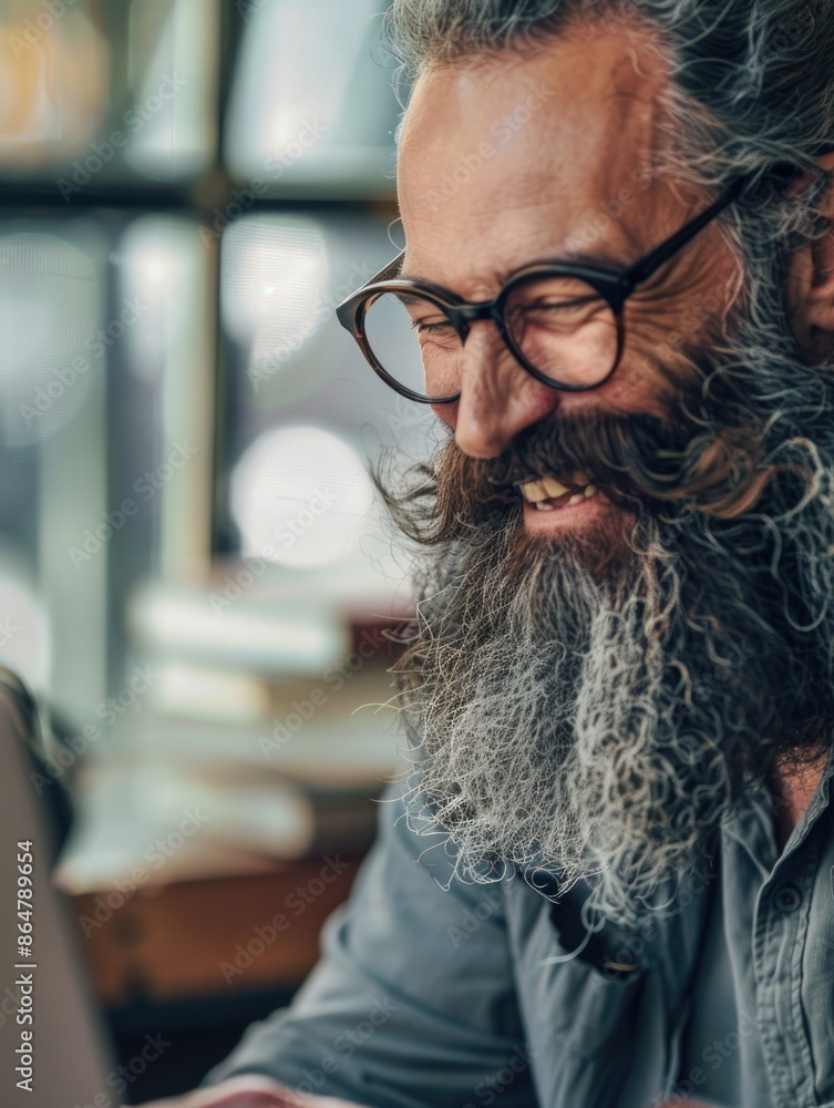 Poster a man with a beard and glasses is smiling and looking at a laptop. he seems to be enjoying himself w