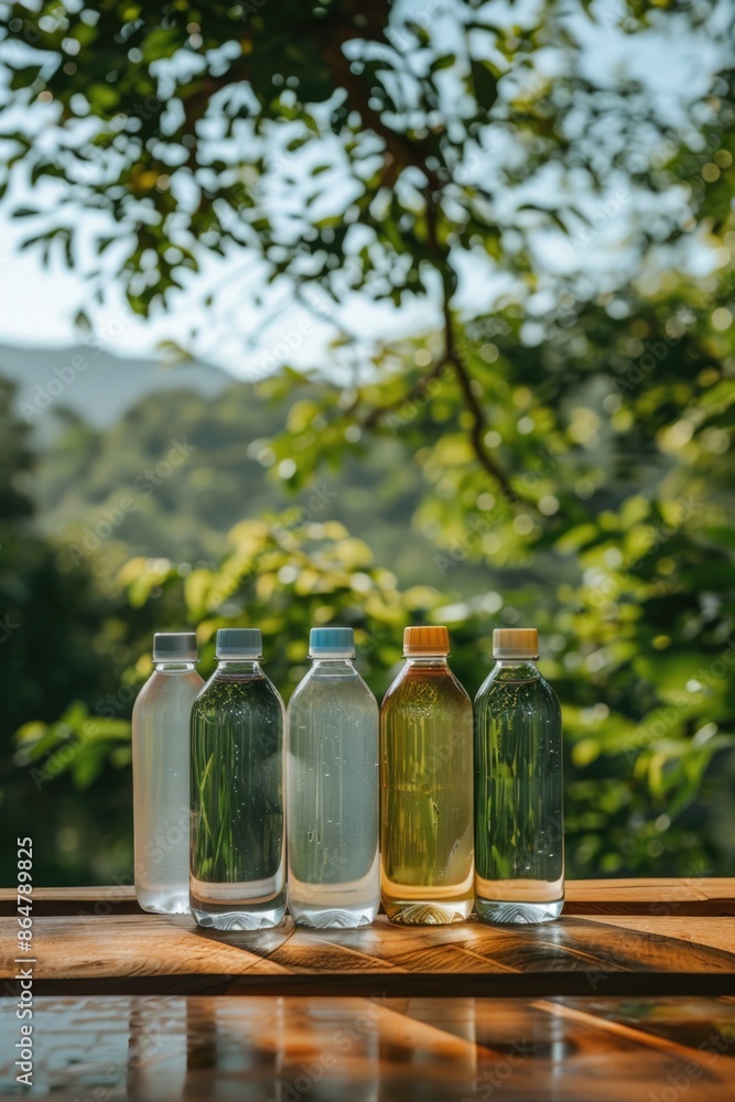 Poster a row of water bottles are lined up on a wooden table. the bottles are all different colors and size