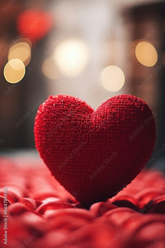 Poster a red heart is sitting on a red surface. the heart is surrounded by other red objects, creating a wa