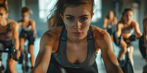 Fototapeta premium A woman is riding a stationary bike in a gym with other women. The woman is wearing a grey tank top and has a serious expression on her face