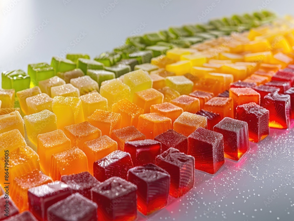 Poster a row of colorful candy cubes are lined up on a table. the colors are bright and vibrant, creating a