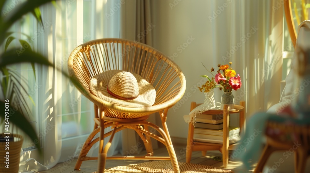 Aufkleber a wooden chair with a straw hat on it sits in front of a table with a vase of flowers and a stack of