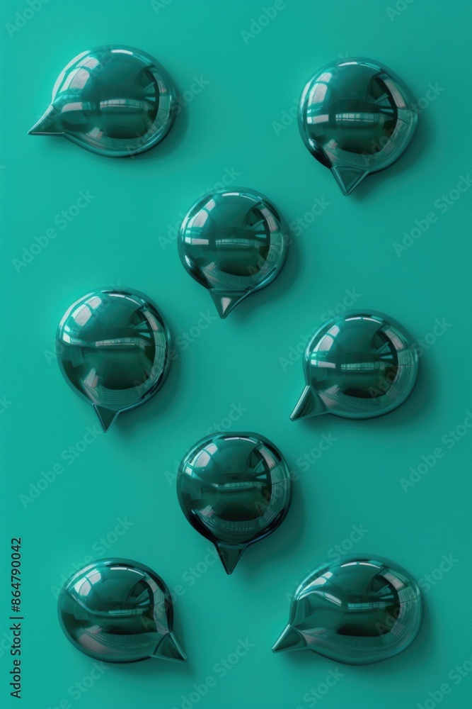 Poster a series of shiny, metallic spheres arranged in a pattern on a green background. the spheres are all