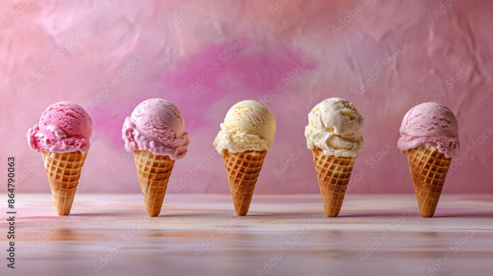 Poster a row of five ice cream cones, each with a different flavor, are lined up on a table