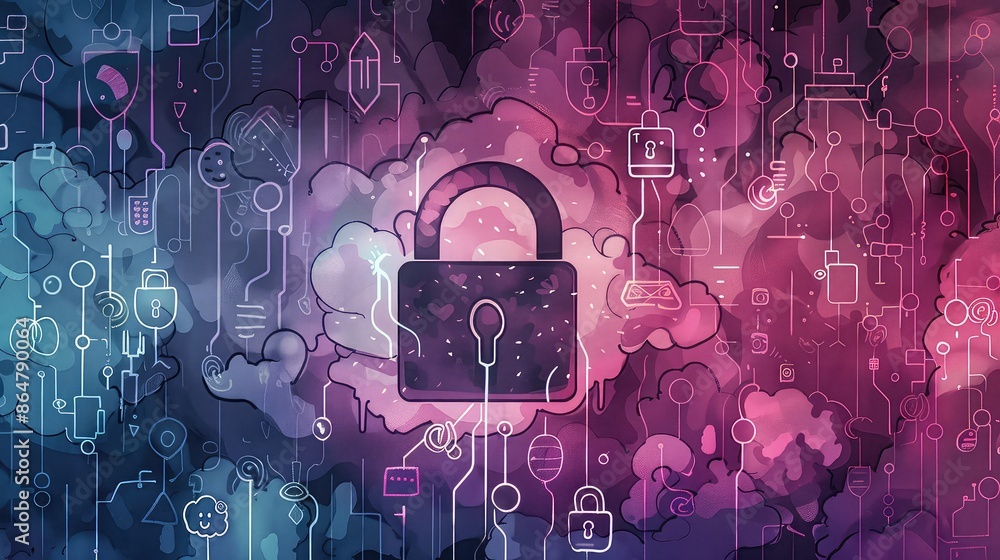 Poster online security: a digital padlock surrounded by cybersecurity symbols like shields and encrypted da
