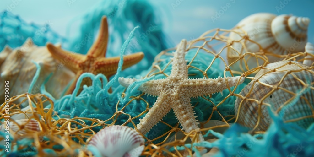 Poster a starfish and a shell are on a blue and yellow net. the starfish is on the left side of the net and