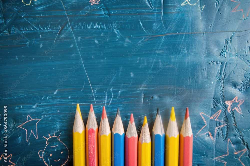 Poster a row of pencils on a blue background with a drawing of a star. the pencils are in different colors 