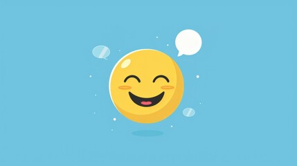 Naklejka premium A cartoon yellow emoji smiles with a thinking bubble above its head against a blue background