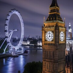A stunning high-definition photograph capturing the essence of the United Kingdom. The image features the iconic Big Ben clock t ower, the London Eye, and the River