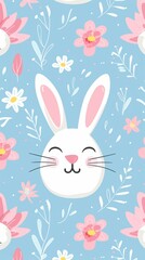 A cute flat-style illustration of a smiling bunny face with pink ears against a light blue background with pink and white flowers and white branches