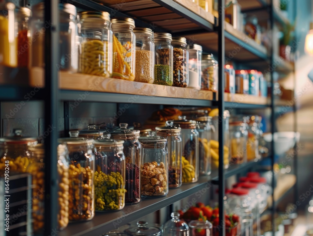 Aufkleber a shelf full of glass jars with various food items inside. the jars are organized in a way that make