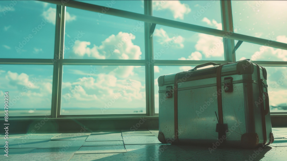 Poster a suitcase is sitting on the floor in front of a window. the suitcase is silver and has a brown hand