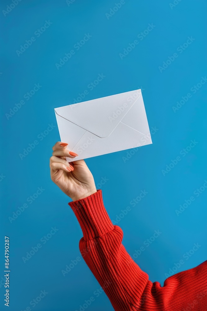 Poster a person holding a white envelope with a red background. the envelope is open and the person is hold