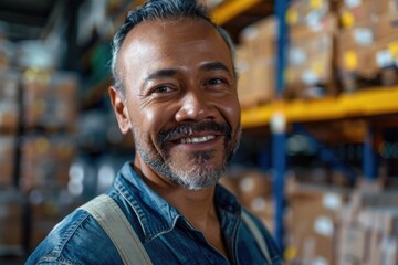 Fototapeta premium A man with a beard and gray hair is smiling and looking at the camera. He is wearing a blue shirt and a backpack