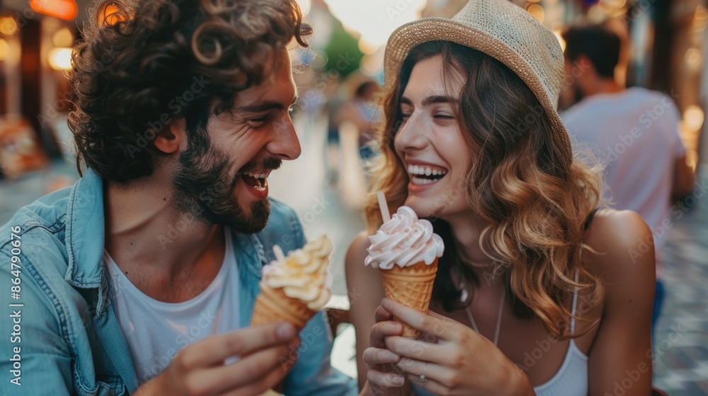 Poster a man and a woman are sitting at a table with two ice cream cones in front of them. they are both sm