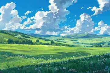 Grass Field landscape with blue sky and white cloud. Blue sky clouds sunny day wallpaper. Cartoon illustration of a Grass Field with blue sky in Summer. green field in a day.