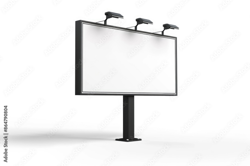 Poster a large white billboard with three lights on top. the billboard is empty and has no writing on it