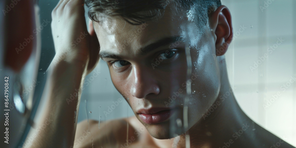 Aufkleber a man with wet hair is looking into a mirror. concept of vulnerability and self-reflection as the ma