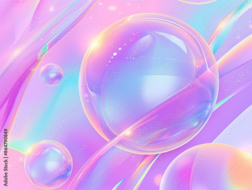 Poster a colorful background with a large purple sphere in the center. the sphere is surrounded by smaller 