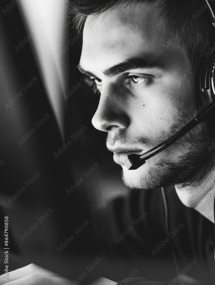 Poster a man wearing a headset is looking at a computer screen. concept of focus and concentration as the m