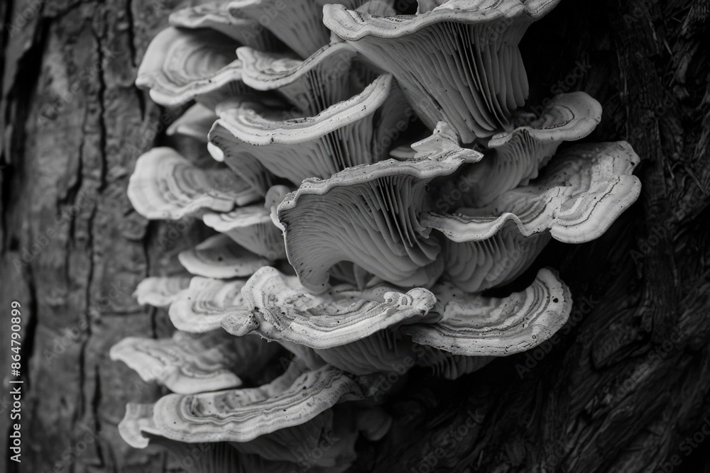 Poster a close up of a tree trunk with a large mushroom growing on it. the mushroom is very large and has a