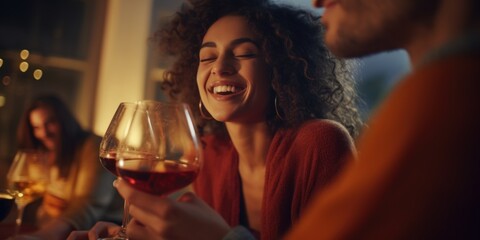 A woman is holding a wine glass and smiling. She is surrounded by other people, and they are all enjoying a night out. The atmosphere is lively and fun, and everyone seems to be having a good time