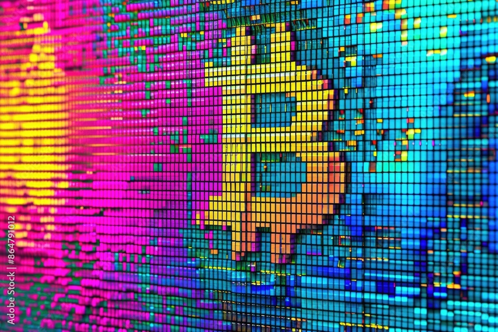 Poster a colorful screen with a pixelated b on it. the b is yellow and orange. the image has a vibrant and 
