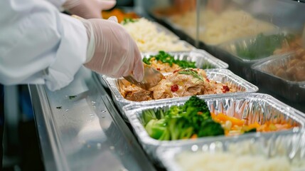 Obraz premium A chef preparing disposable lunch boxes, filled with freshly cooked meals, ready for delivery, detailed food textures, clean and efficient process