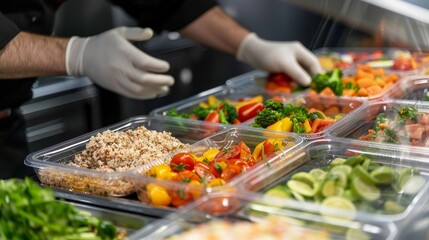 A worker prepares disposable lunch boxes with fresh ingredients, ready for delivery, detailed food textures, efficient and hygienic setup