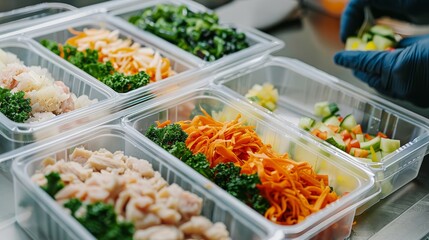 A worker prepares disposable lunch boxes with fresh ingredients, ready for delivery, detailed food textures, efficient and hygienic setup
