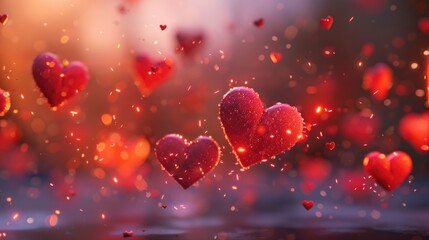 Obraz premium A bunch of red hearts are flying in the air. Concept of love and warmth