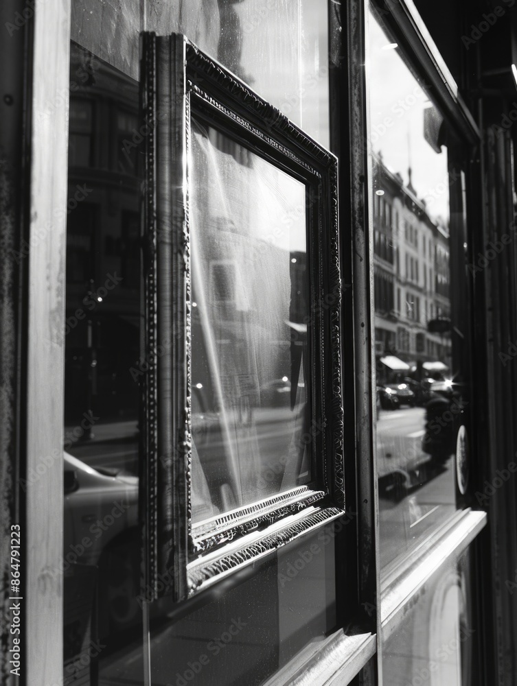 Poster a black and white photo of a window with a frame and a reflection of a street scene. scene is calm a