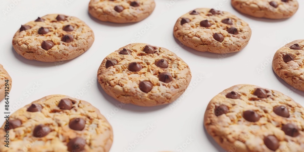 Aufkleber a row of chocolate chip cookies on a white background. the cookies are all the same size and shape, 