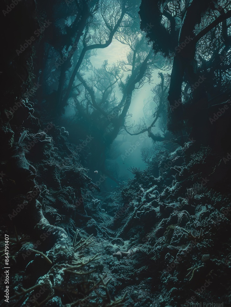 Poster a dark forest with trees and a stream. scene is mysterious and eerie. the overall atmosphere of the 
