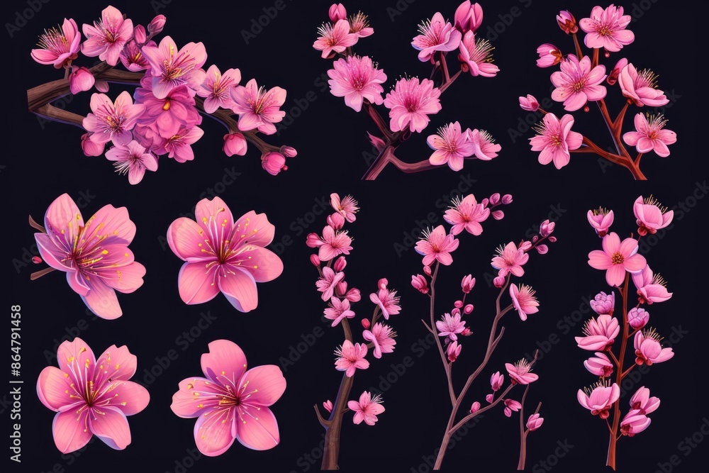 Poster a collection of pink flowers with a black background. the flowers are arranged in various sizes and 