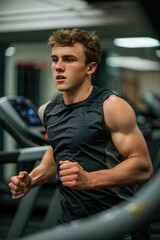 Obraz premium A man is running on a treadmill in a gym. He is wearing a black tank top and has a muscular build