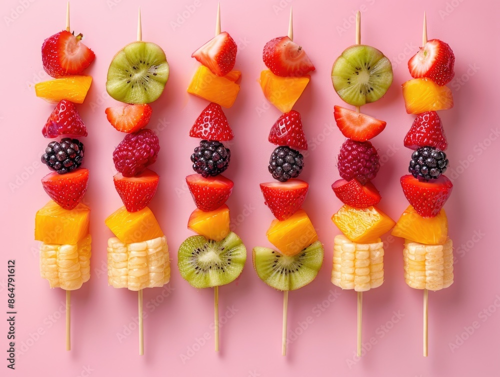 Poster a bunch of fruit skewers on a pink background. the skewers are made of fruit and are arranged in a r